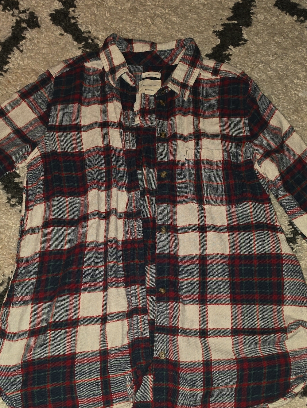 American Eagle Plaid Boyfriend Flannel Shirt in Red, Navy & Cream